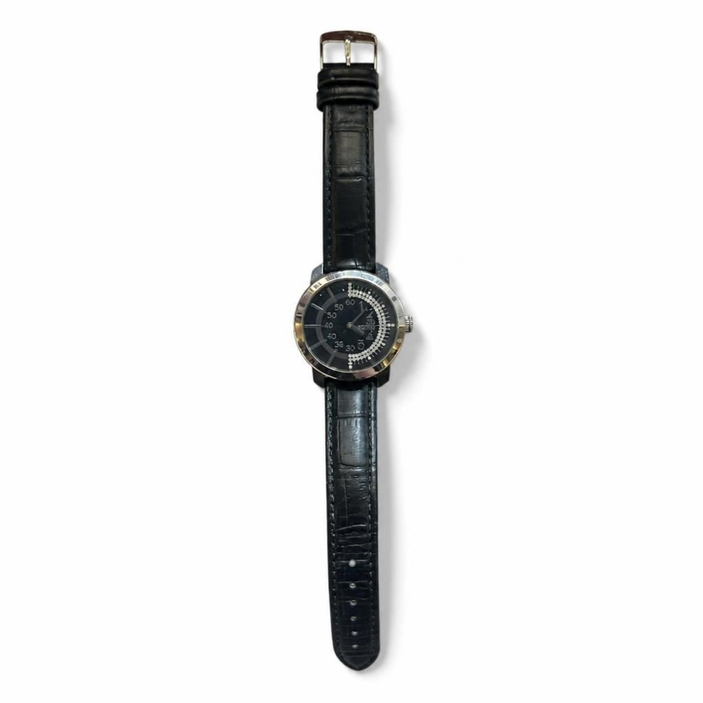 Moschino Black & Gold Round Dial Watch, Black Leather Strap - pre-loved at Why Go Less, Lebanon
