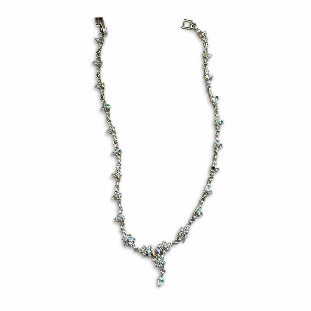 Crystal AB Rhinestone Silver Necklace, Floral Drop - pre-loved at Why Go Less, Lebanon