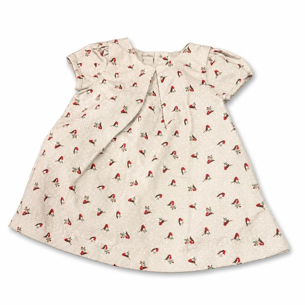 1-m Baby Girl Dress White Robin Bird Print - pre-loved at Why Go Less, Lebanon