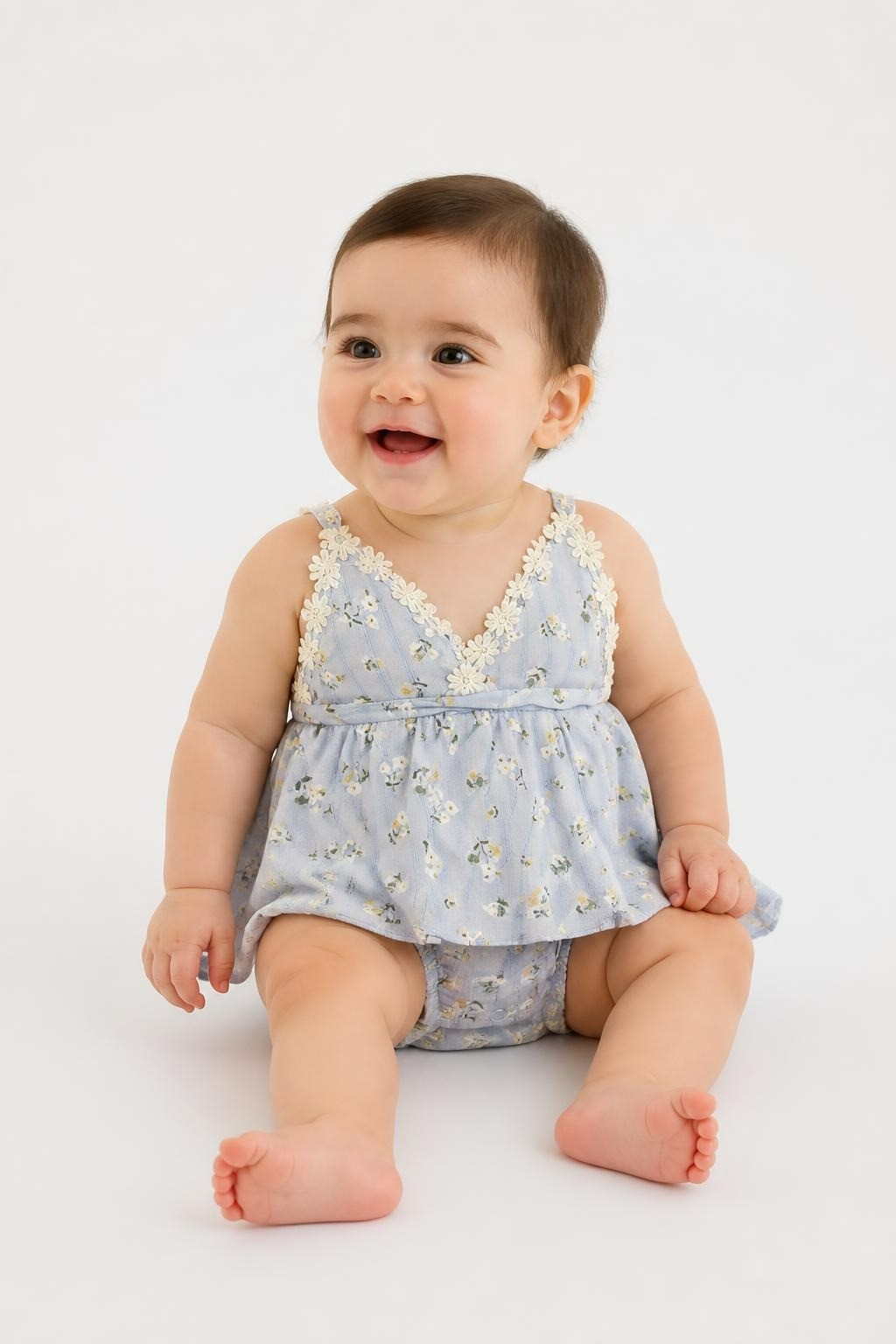 Baby Girl Blue Floral Romper Daisy Lace Trim - pre-loved at Why Go Less, Lebanon