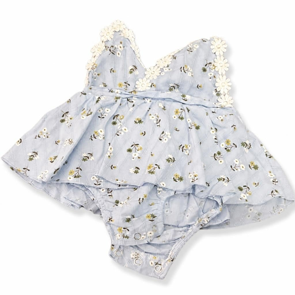 Baby Girl Blue Floral Romper Daisy Lace Trim - pre-loved at Why Go Less, Lebanon