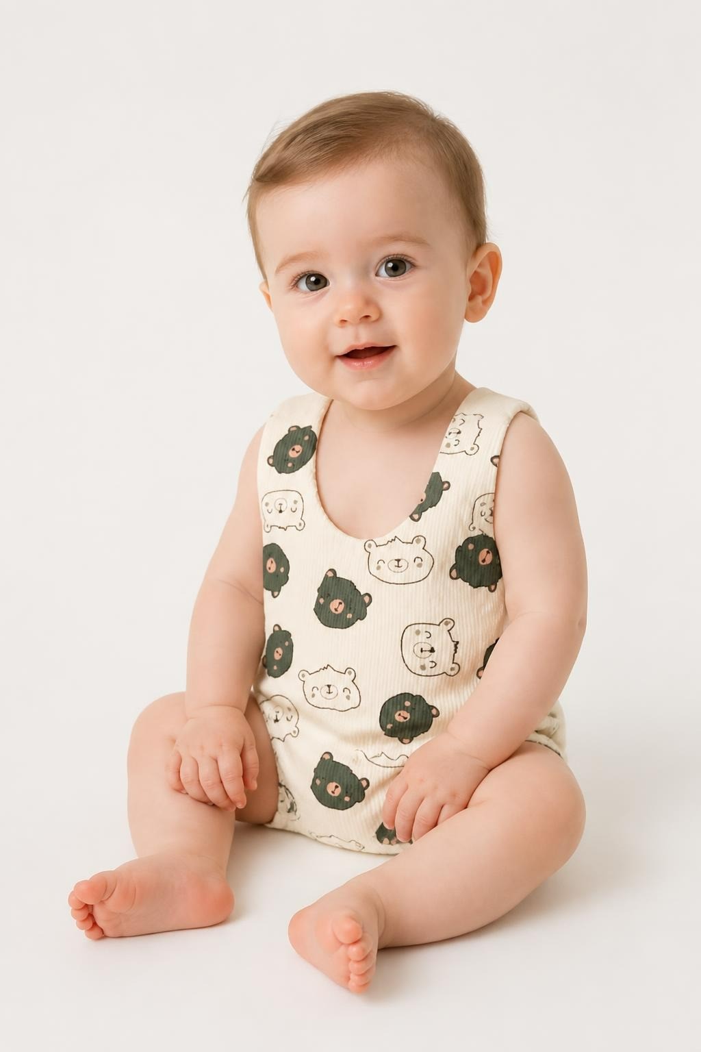 Baby Bear Print Sleeveless Romper White Green - pre-loved at Why Go Less, Lebanon