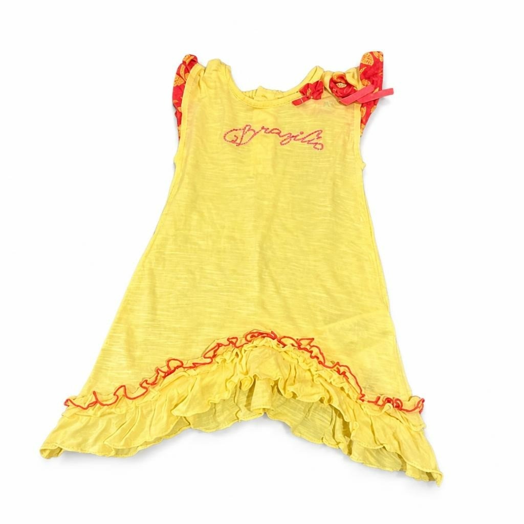 Brazil Yellow Ruffle Dress, Pink Trim, Kids - pre-loved at Why Go Less, Lebanon