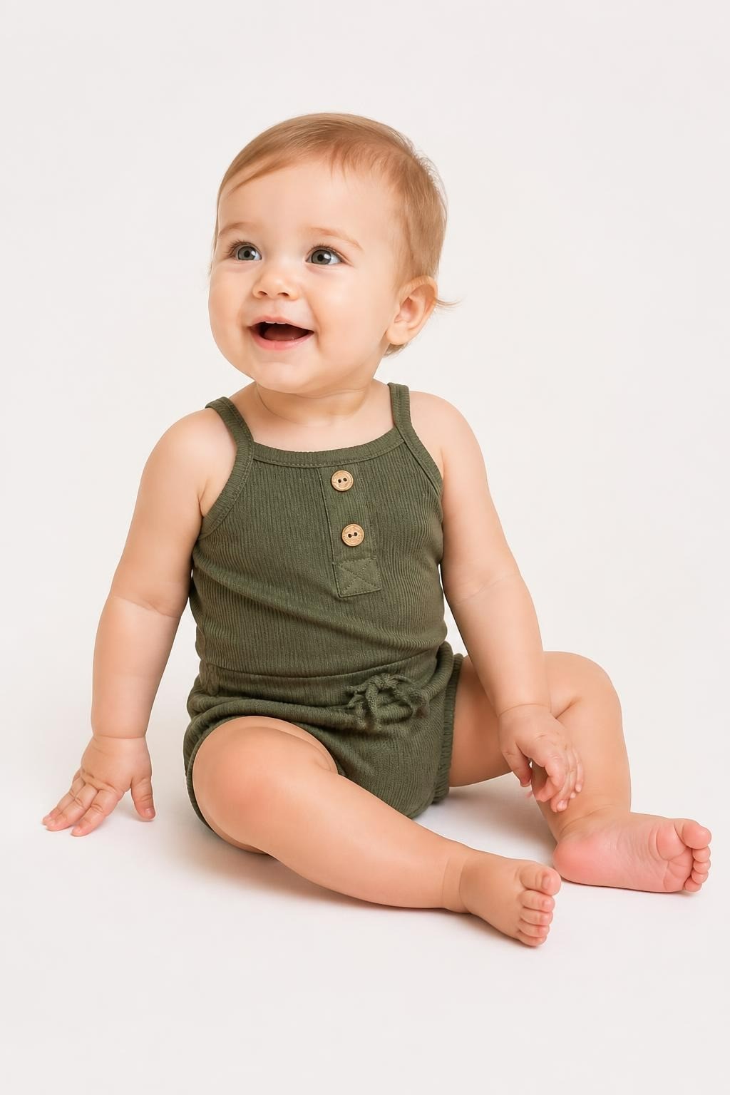 Olive Green Ribbed Baby Bodysuit and Shorts Set - pre-loved at Why Go Less, Lebanon