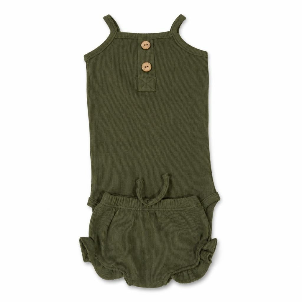 Olive Green Ribbed Baby Bodysuit and Shorts Set - pre-loved at Why Go Less, Lebanon