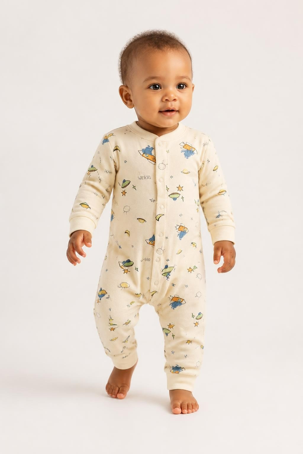 Yellow Space Print Baby Snap Romper - pre-loved at Why Go Less, Lebanon