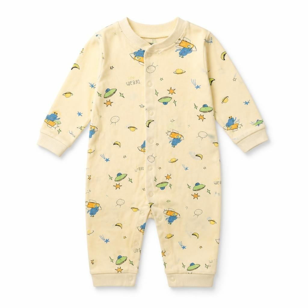 Yellow Space Print Baby Snap Romper - pre-loved at Why Go Less, Lebanon