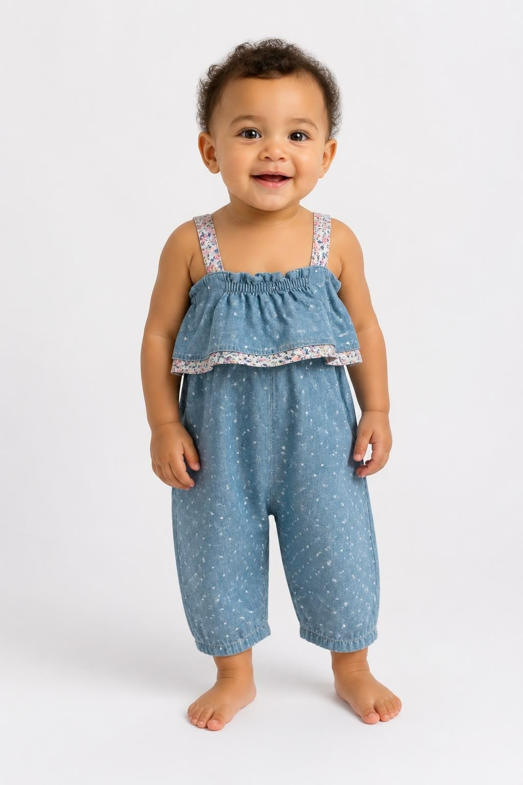 Baby Girl Denim Ruffle Jumpsuit Blue Dotted - pre-loved at Why Go Less, Lebanon