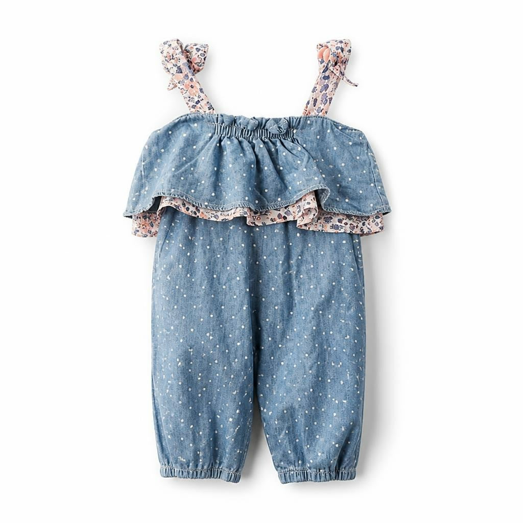 Baby Girl Denim Ruffle Jumpsuit Blue Dotted - pre-loved at Why Go Less, Lebanon