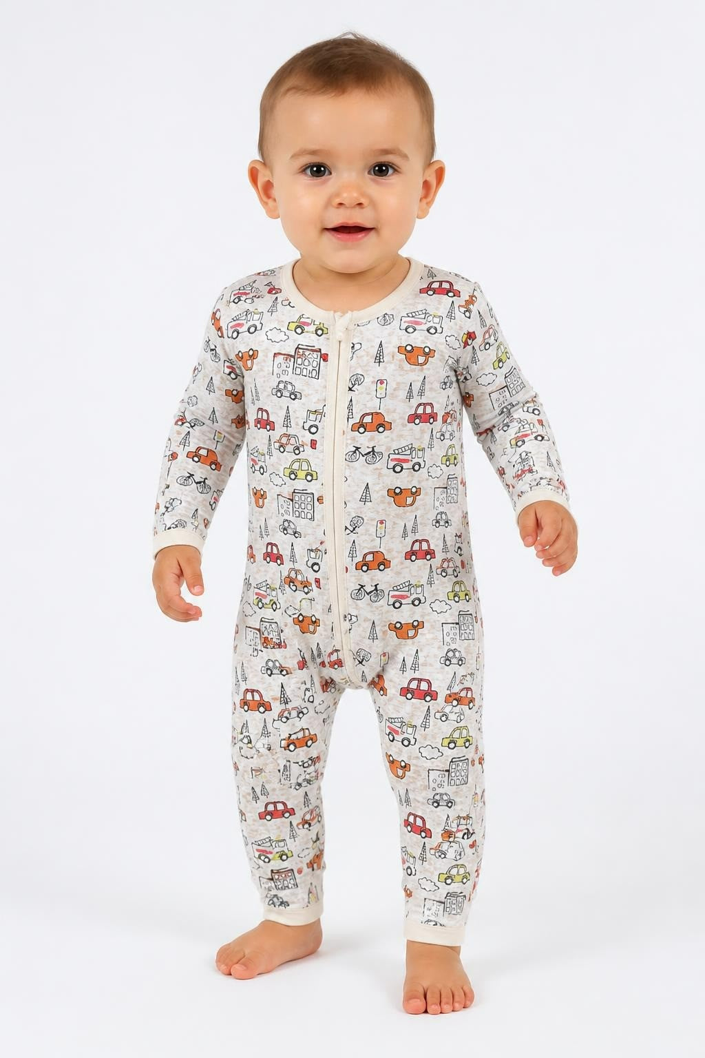 Baby Unisex Car Print Footed Sleepsuit White - pre-loved at Why Go Less, Lebanon