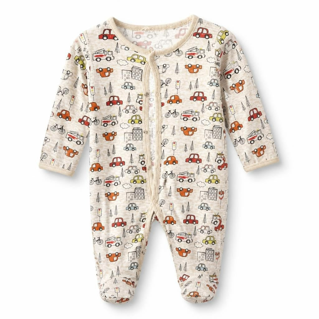 Baby Unisex Car Print Footed Sleepsuit White - pre-loved at Why Go Less, Lebanon