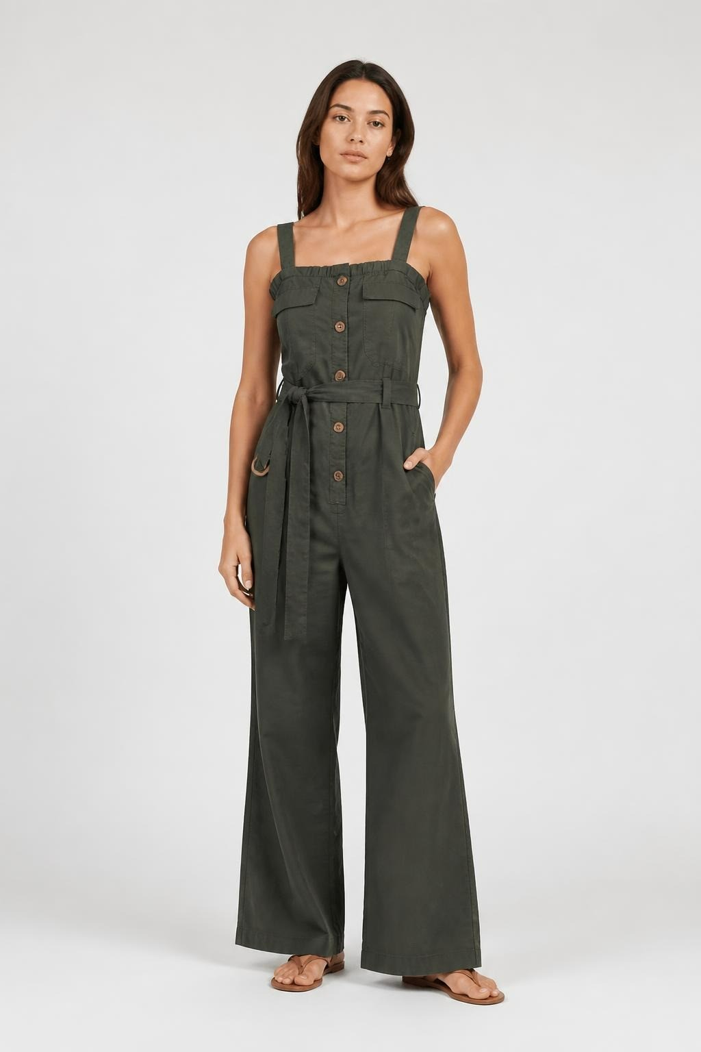 Olive Green Button-front Jumpsuit Wide Leg - pre-loved at Why Go Less, Lebanon