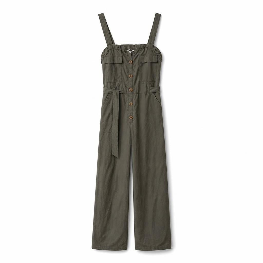 Olive Green Button-front Jumpsuit Wide Leg - pre-loved at Why Go Less, Lebanon