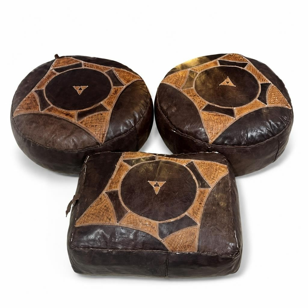 Moroccan Leather Poufs Set of 3, Brown - pre-loved at Why Go Less, Lebanon
