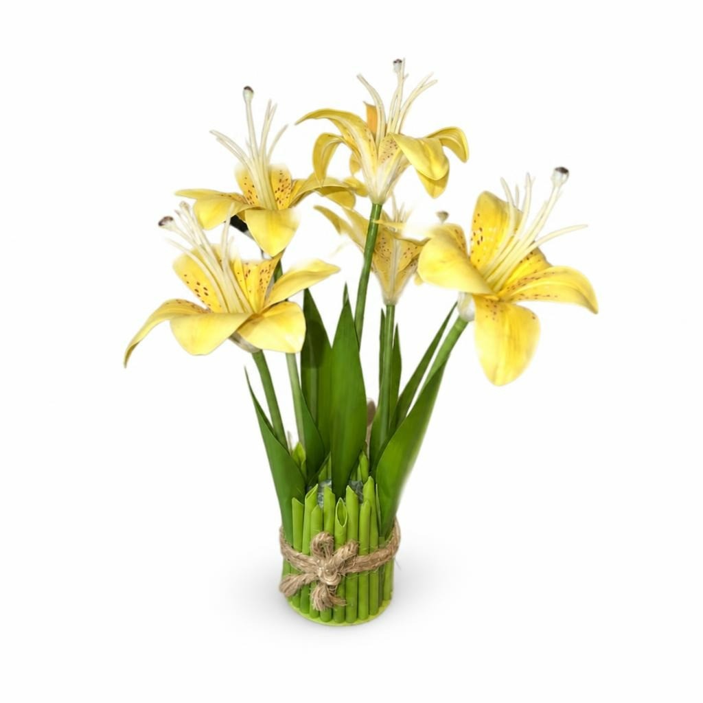 Faux Yellow Lily Bouquet in Glass Vase - pre-loved at Why Go Less, Lebanon