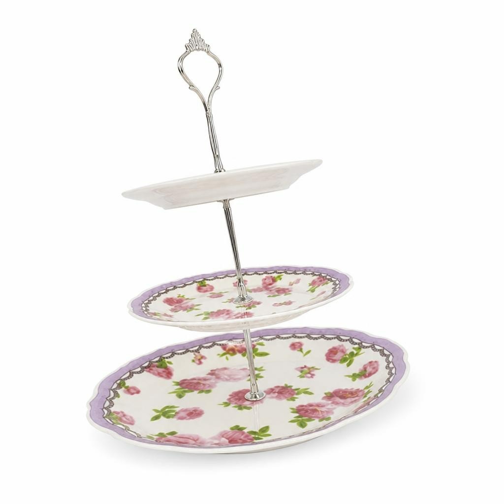 3-tier Porcelain Cake Stand Purple Floral - pre-loved at Why Go Less, Lebanon