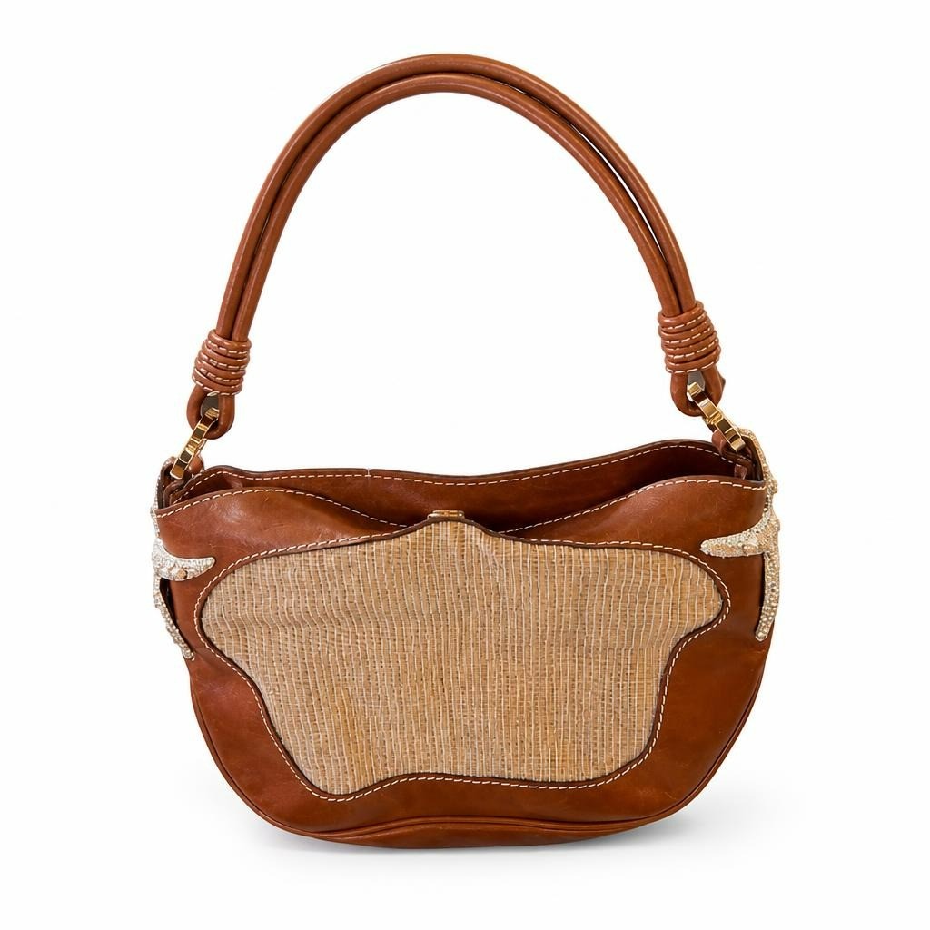 Brown Leather & Fabric Baguette Shoulder Bag - pre-loved at Why Go Less, Lebanon