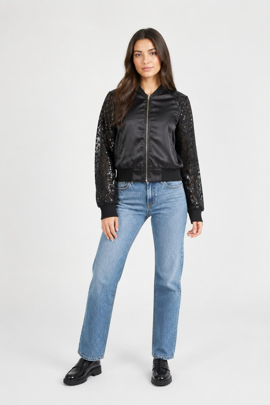A.peach Black Sequin Lace Sleeve Bomber Jacket S - pre-loved at Why Go Less, Lebanon
