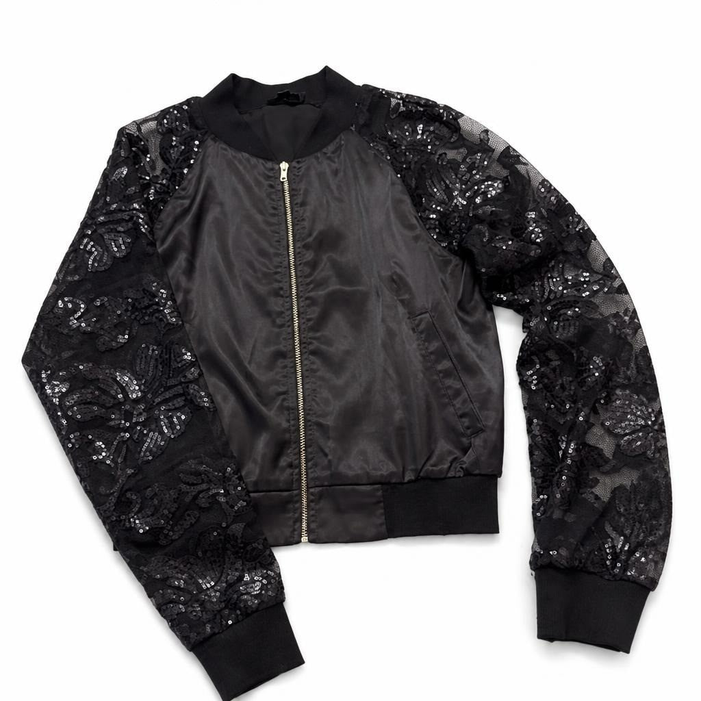A.peach Black Sequin Lace Sleeve Bomber Jacket S - pre-loved at Why Go Less, Lebanon