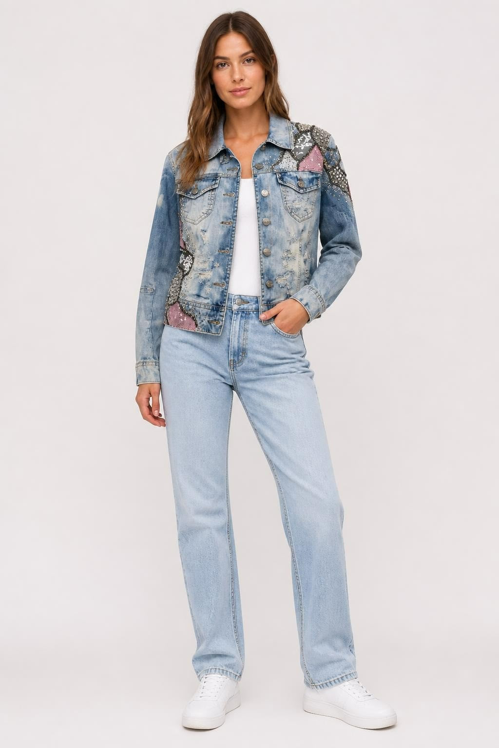 Embellished Sequin Patch Distressed Denim Jacket - pre-loved at Why Go Less, Lebanon