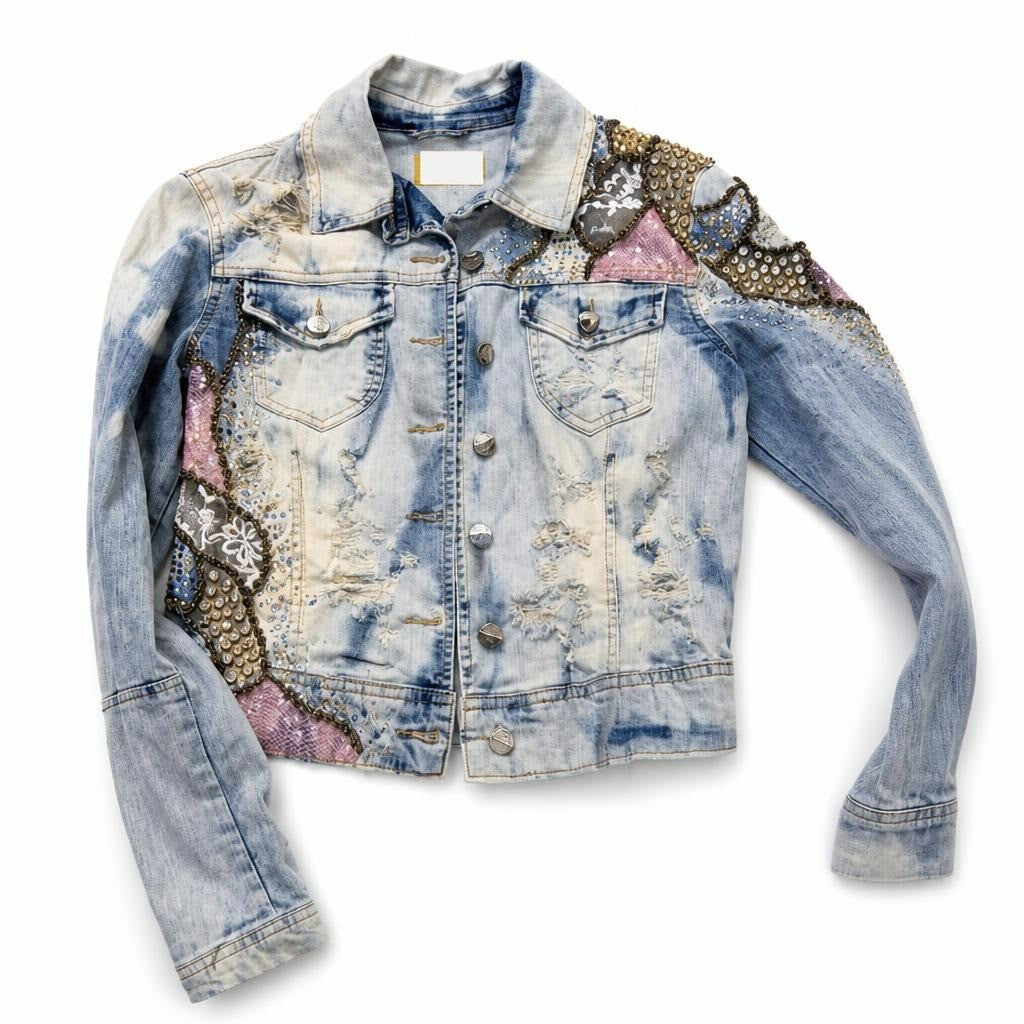 Embellished Sequin Patch Distressed Denim Jacket - pre-loved at Why Go Less, Lebanon