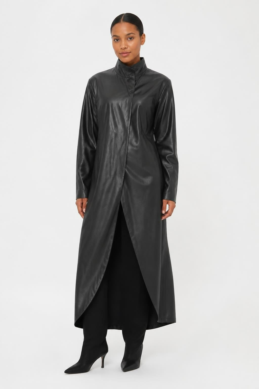 Black Faux Leather Long Open-front Coat Dress - pre-loved at Why Go Less, Lebanon
