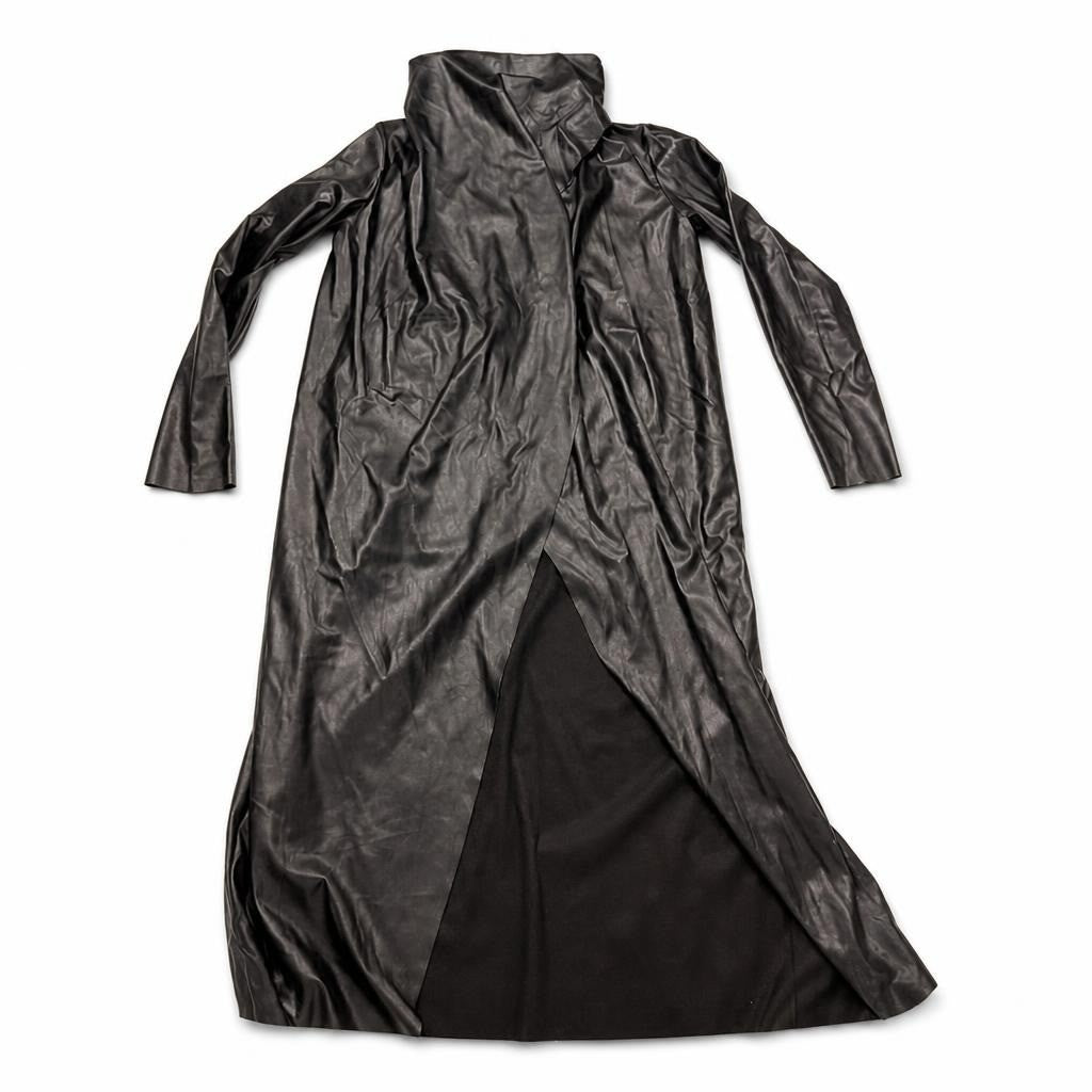 Black Faux Leather Long Open-front Coat Dress - pre-loved at Why Go Less, Lebanon