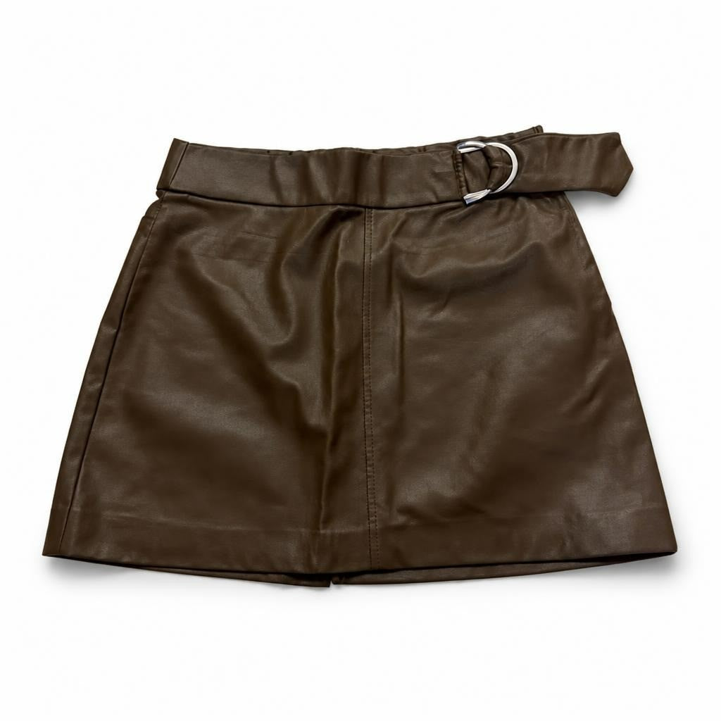 Zara Olive Green Faux Leather Belted Mini Skirt M - pre-loved at Why Go Less, Lebanon