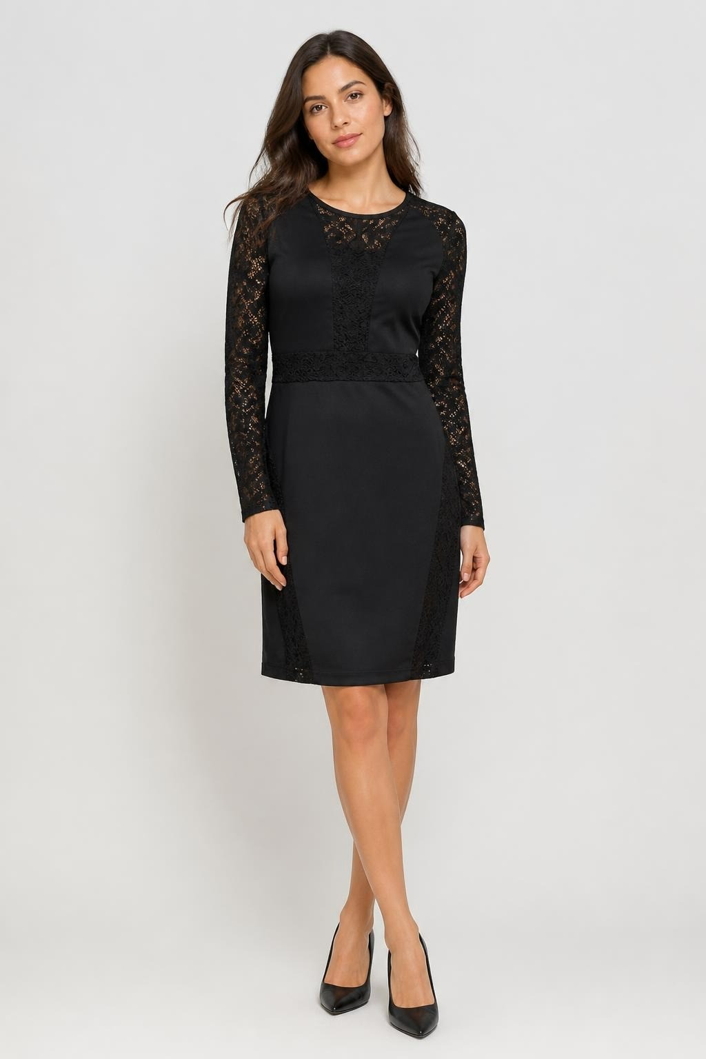 Black Lace Panel Long Sleeve Midi Dress L - pre-loved at Why Go Less, Lebanon