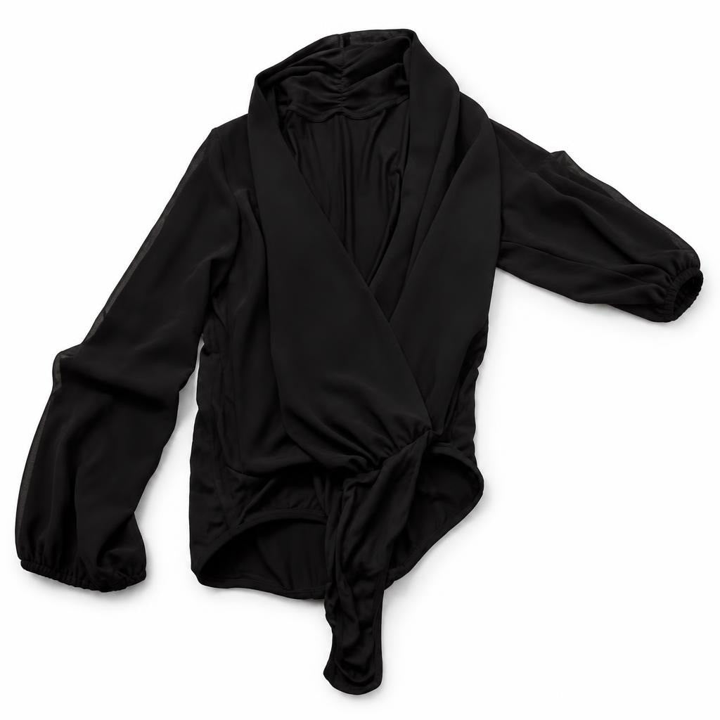Black Wrap Tie Satin Long Sleeve Bodysuit - pre-loved at Why Go Less, Lebanon