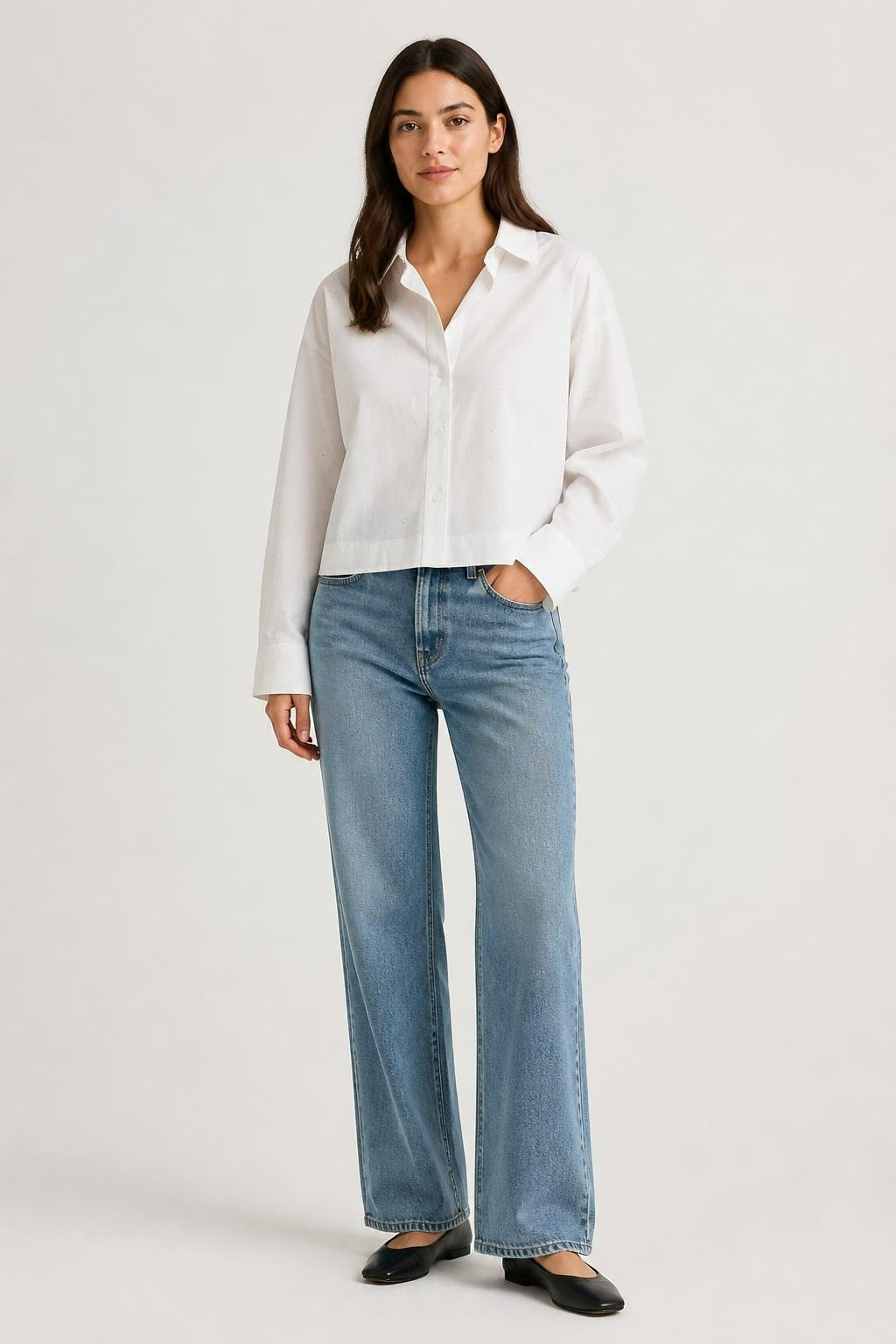 Dimi White Cropped Shirt with Rhinestones, Size 40 - new at Why Go Less, Lebanon