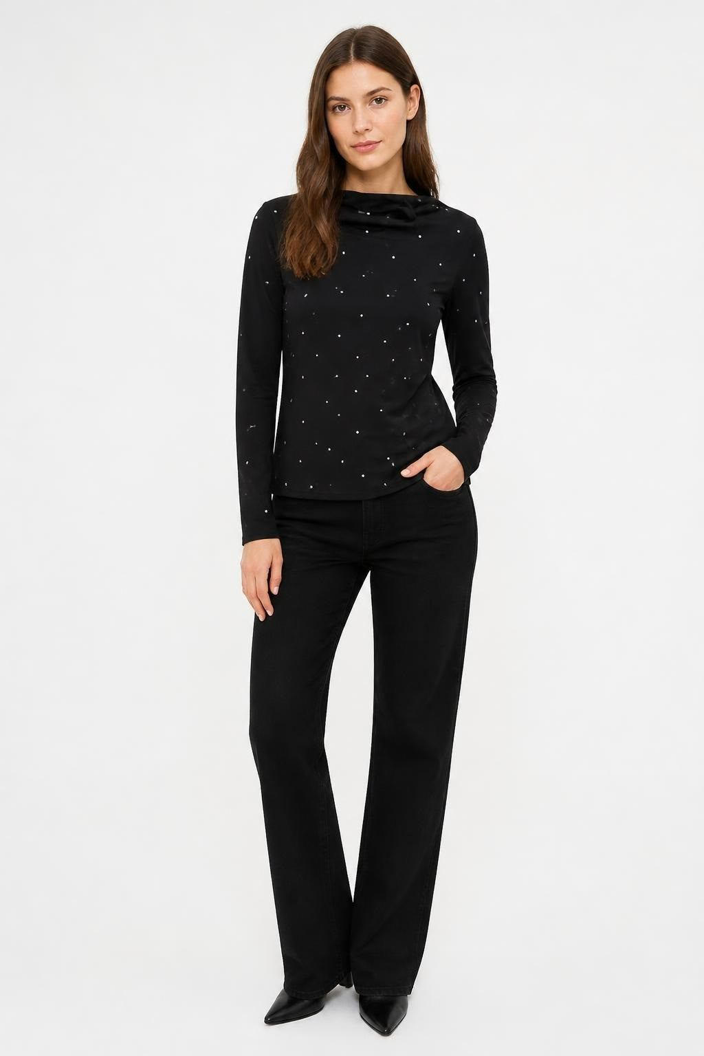 H&M Black Studded Mesh Long Sleeve Top XS - pre-loved at Why Go Less, Lebanon