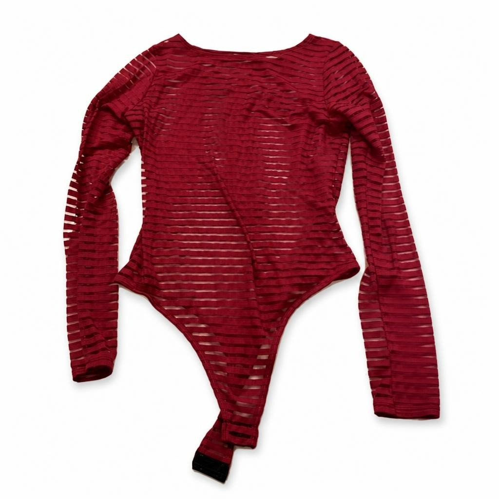 Red Sheer Stripe Long Sleeve Bodysuit - new at Why Go Less, Lebanon