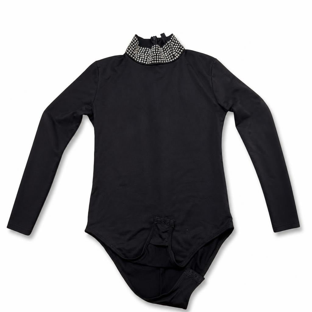 Black Long-sleeve Bodysuit with Embellished Collar - new at Why Go Less, Lebanon