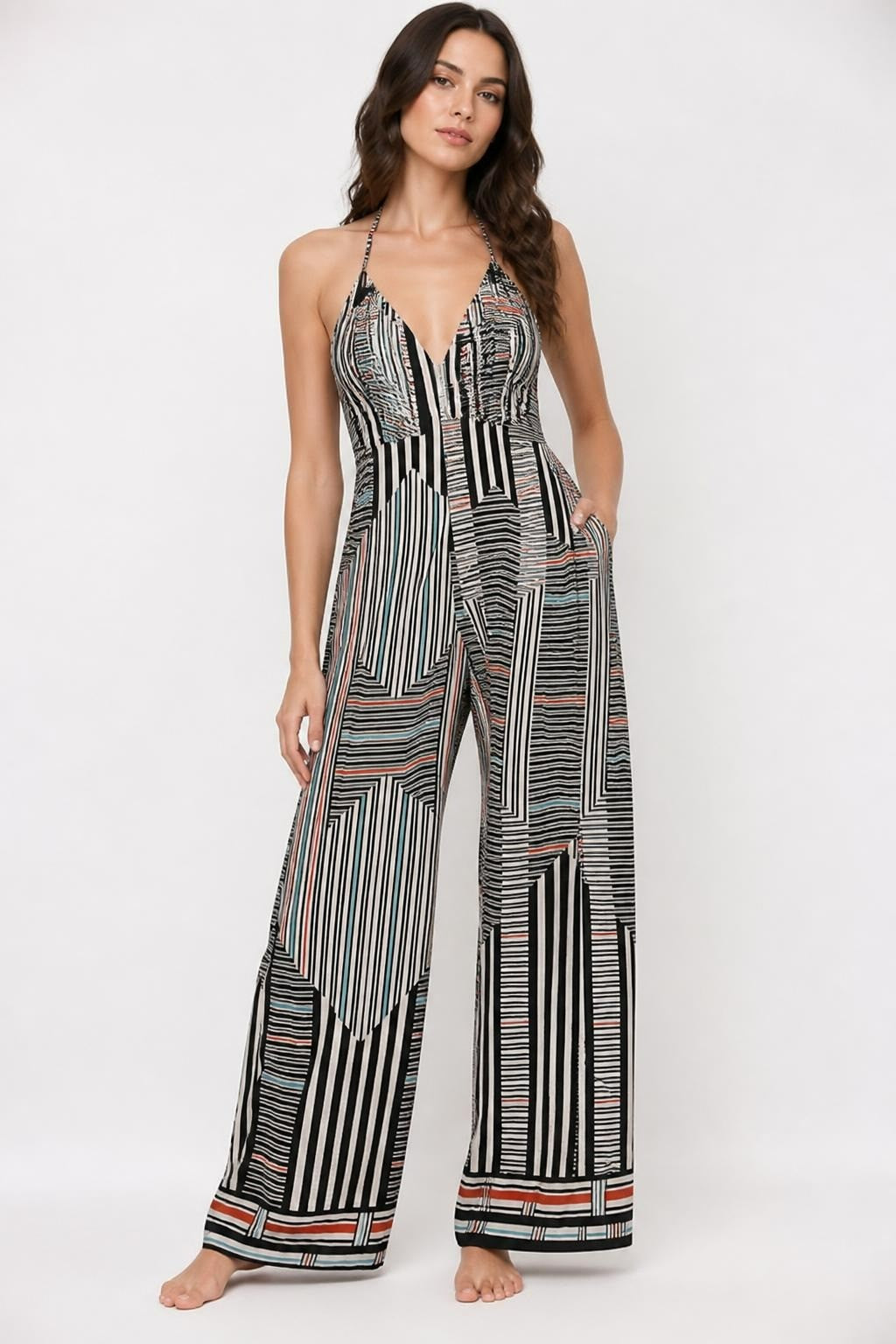 Striped Halter Jumpsuit Black White Sz S - pre-loved at Why Go Less, Lebanon