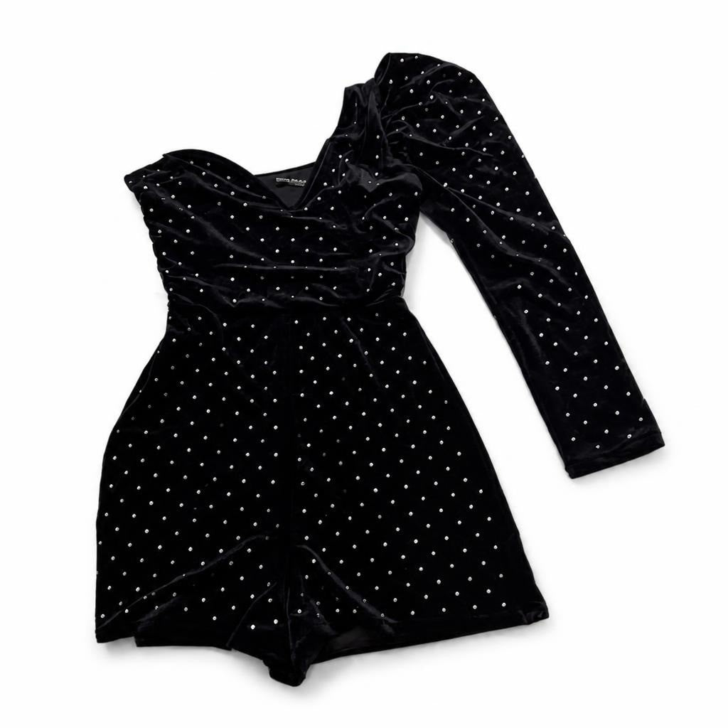 Bershka Special Edition Black Velvet Diamante Romper S - pre-loved at Why Go Less, Lebanon