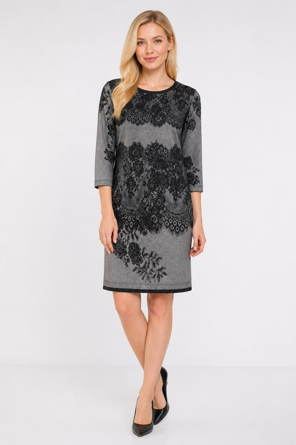 Grey Mini Dress with Black Lace Print Overlay, 3/4 Sleeve - pre-loved at Why Go Less, Lebanon
