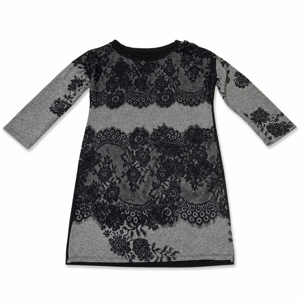 Grey Mini Dress with Black Lace Print Overlay, 3/4 Sleeve - pre-loved at Why Go Less, Lebanon