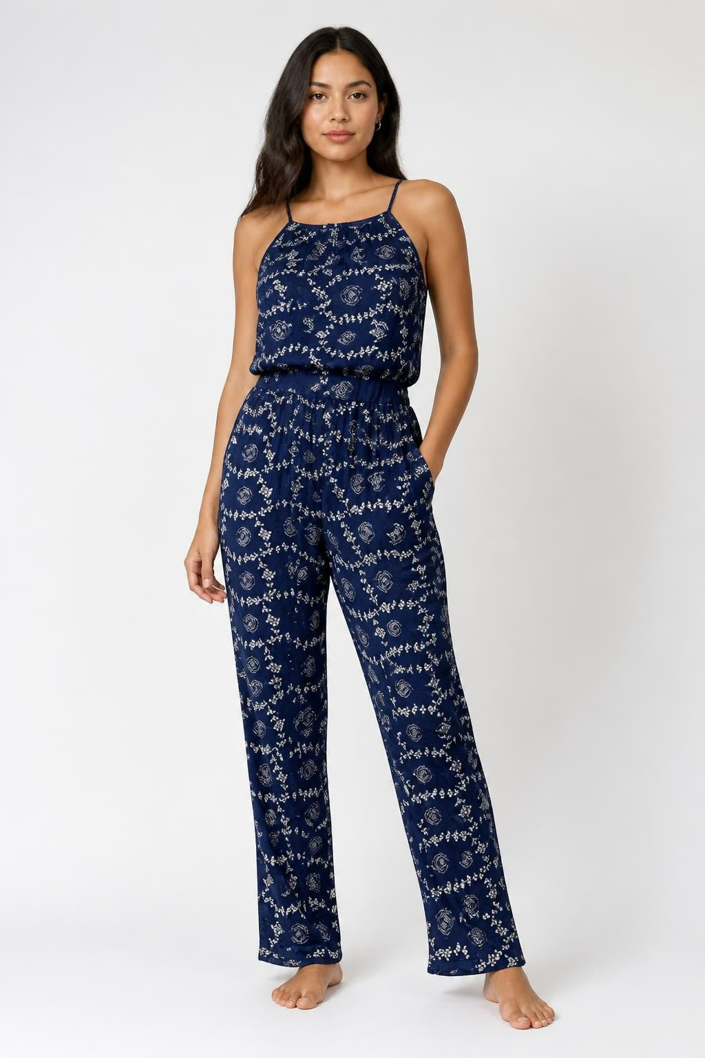 Royal Blue Lace Jumpsuit, Halter Neck, Wide Leg - pre-loved at Why Go Less, Lebanon