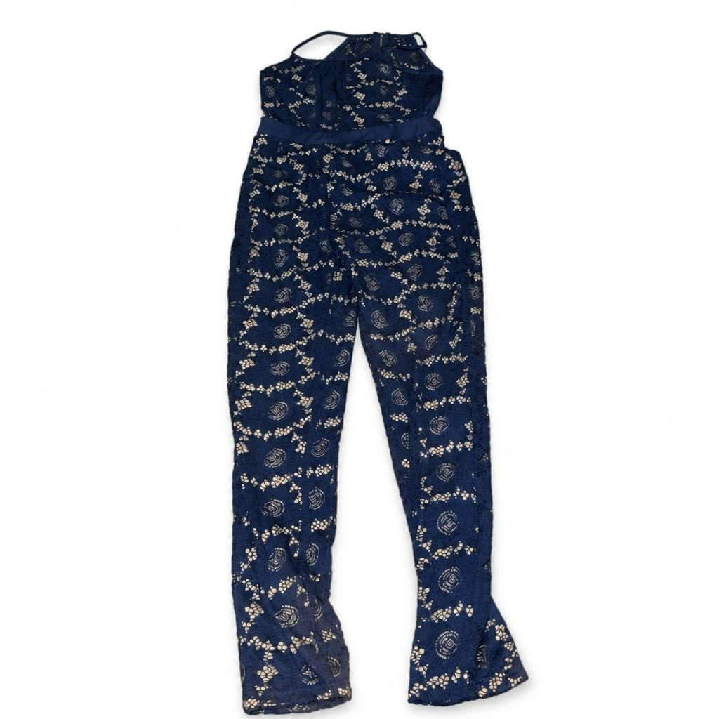Royal Blue Lace Jumpsuit, Halter Neck, Wide Leg - pre-loved at Why Go Less, Lebanon