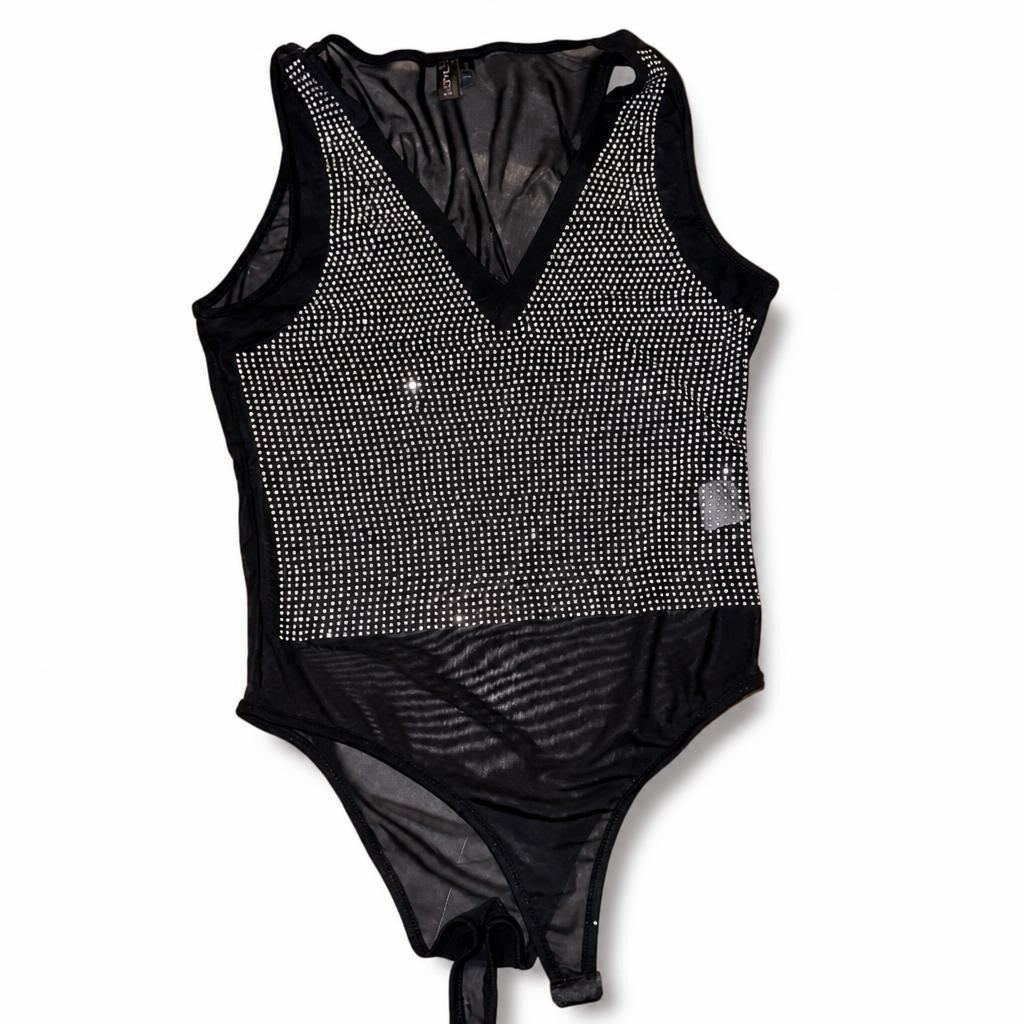 Black Rhinestone Mesh Bodysuit, Size Unknown - pre-loved at Why Go Less, Lebanon