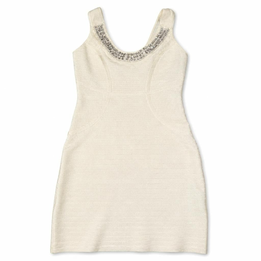 Cream Bandage Bodycon Dress with Jeweled Straps - pre-loved at Why Go Less, Lebanon