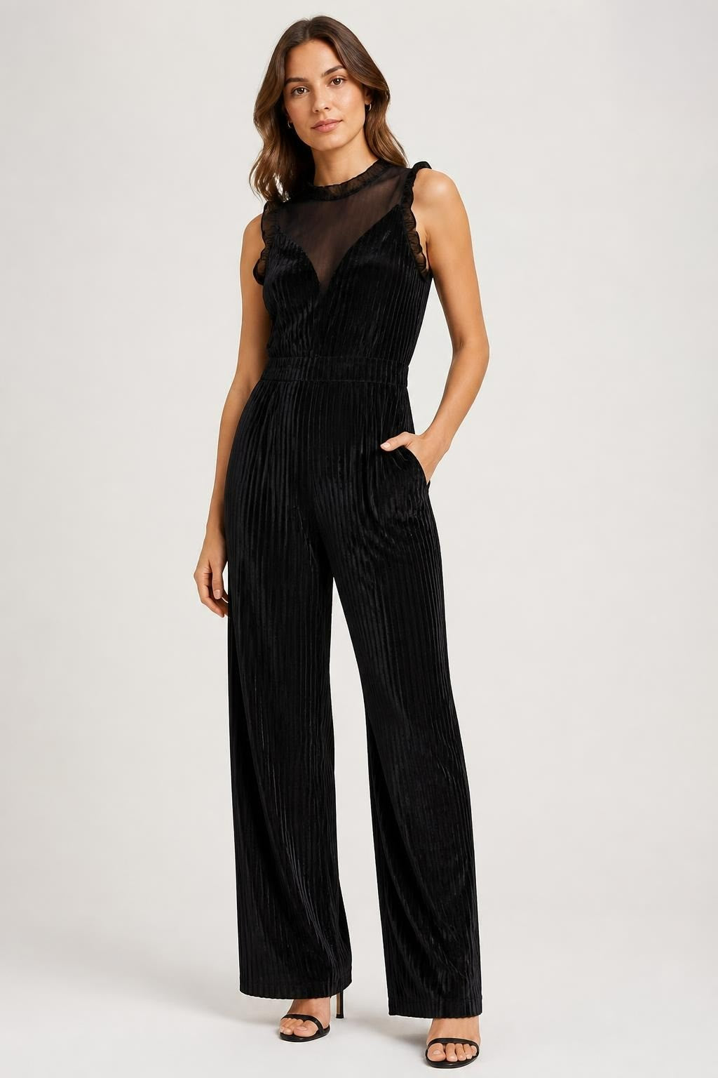 Black Velvet Stripe Sleeveless Jumpsuit - pre-loved at Why Go Less, Lebanon