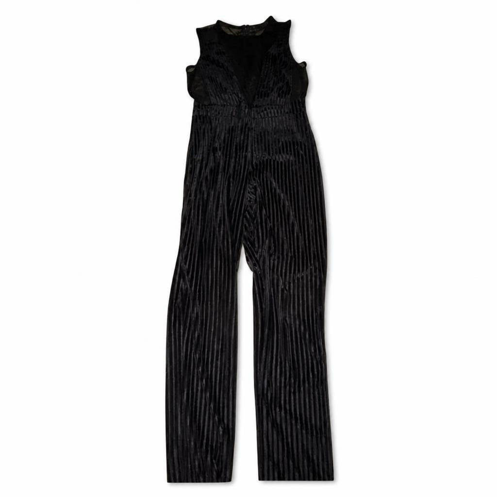 Black Velvet Stripe Sleeveless Jumpsuit - pre-loved at Why Go Less, Lebanon