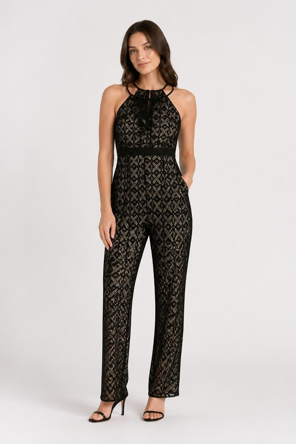 Banjul Black Gold Lace Halter Jumpsuit - pre-loved at Why Go Less, Lebanon