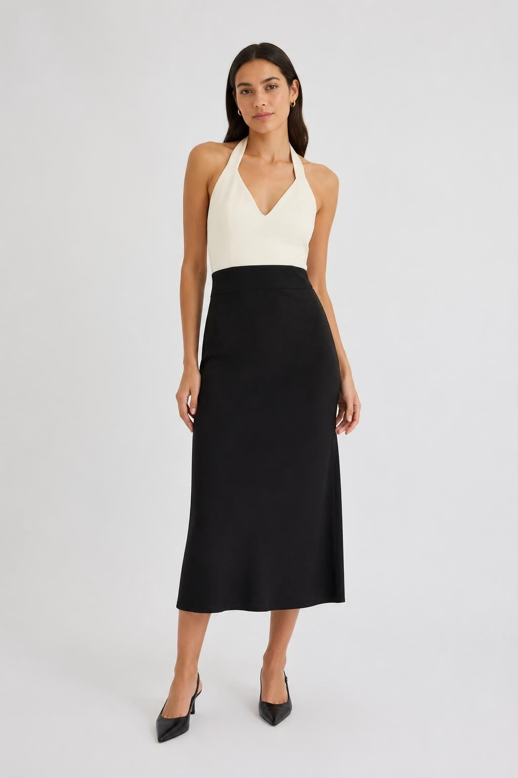 Black and Cream Halter Neck Midi Dress - pre-loved at Why Go Less, Lebanon