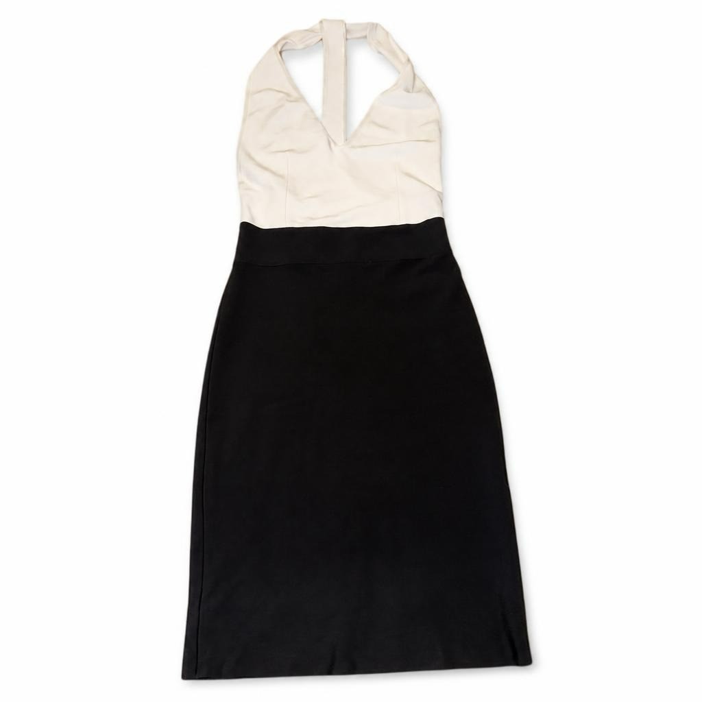 Black and Cream Halter Neck Midi Dress - pre-loved at Why Go Less, Lebanon