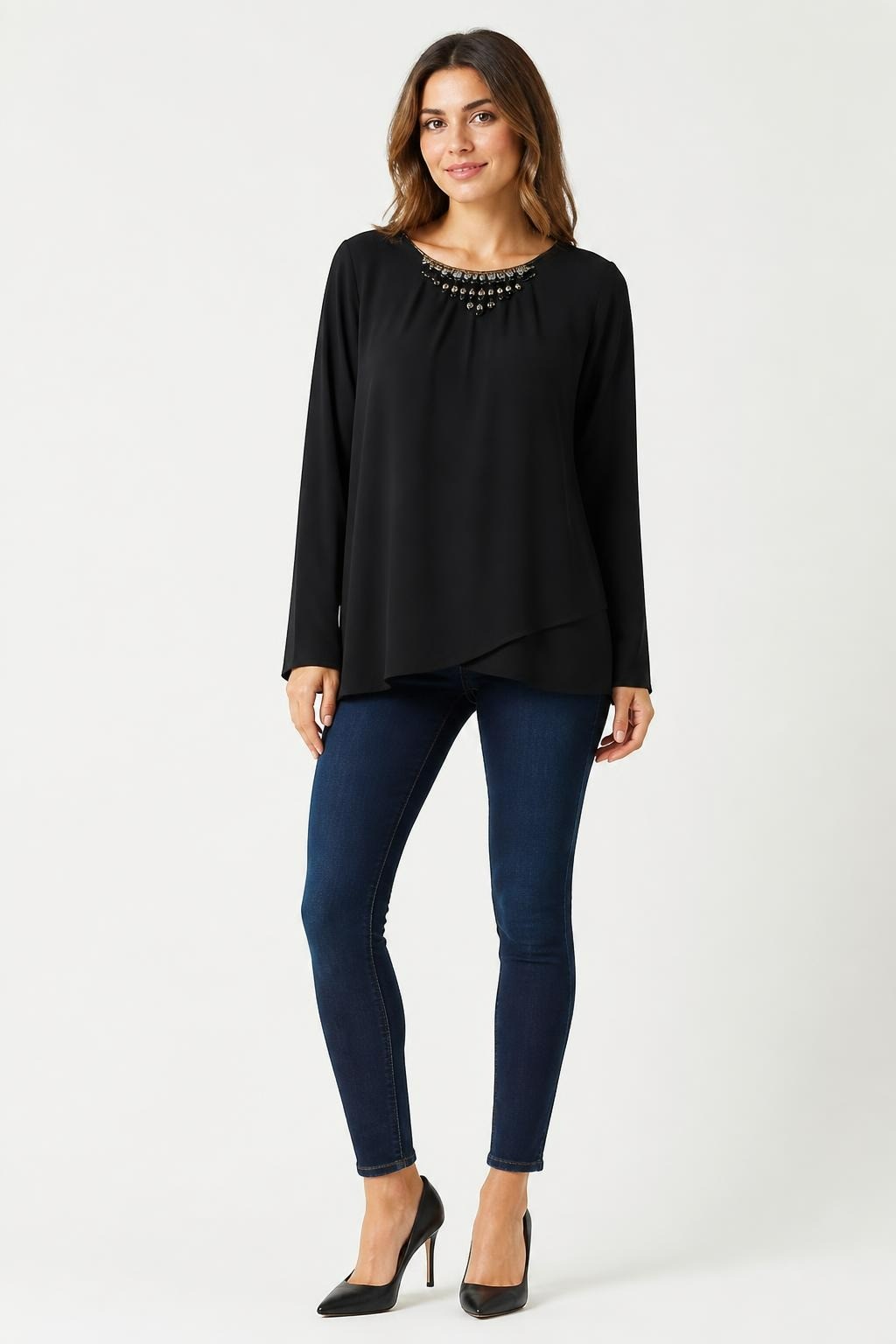 Black Embellished Neckline Long-sleeve Blouse - new at Why Go Less, Lebanon