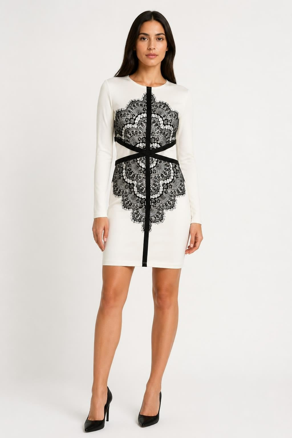 VO Jeans LA White Lace-print Bodycon Dress L - pre-loved at Why Go Less, Lebanon