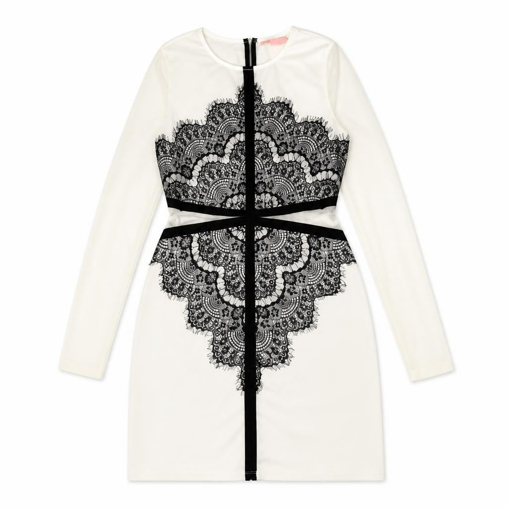 VO Jeans LA White Lace-print Bodycon Dress L - pre-loved at Why Go Less, Lebanon